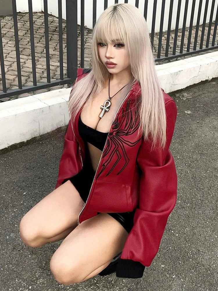 PU Hooded Jacket Women Autumn Trend Zip Spider Print Pocket Patchwork Hip Hop Punk Simple Wild Street Clubwear Coat