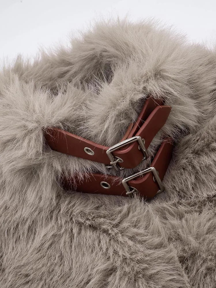 Sexy Furry Tank Tops Women Autumn Trend Patchwork Zip Metal Leather Buckle Slim Hottie Wild Street Clubwear Waistcoat