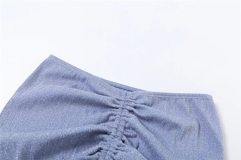 Glitter 2 Pieces Set Frilly Backless Halter Top and Drawstring Mini Skirt Sexy Summer Outfits Women