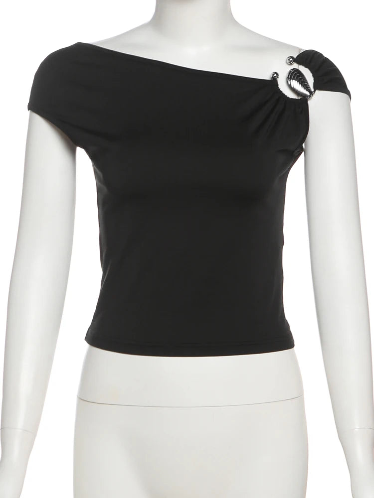 Sexy Backless Crop Tops Women Irregular Skew Collar Metal Rings Patchwork Short Sleeve Daily Street Fashion T-Shirts