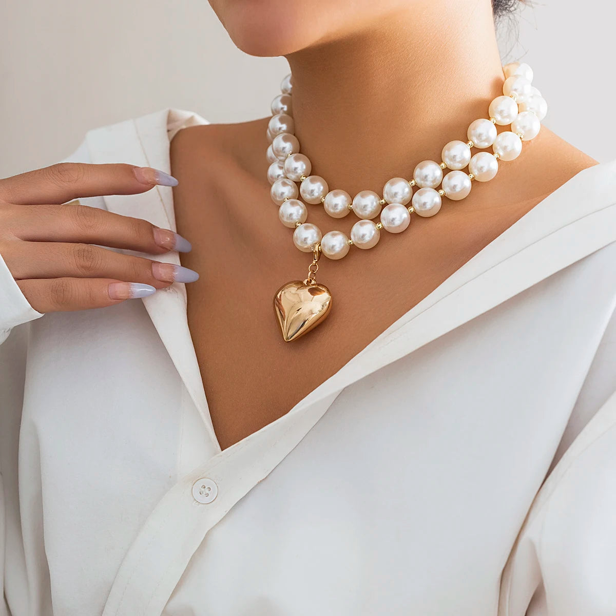 2Pcs Elegant Goth Imitation Pearl Beads Chain Necklace for Women Vintage Love Heart Pendant Choker Y2K Jewelry Wed Accessories