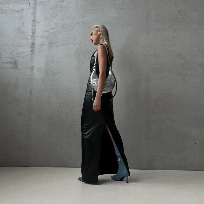 PU Leather Party Dress Women Night Sleeveless Split Long Dresses Fashion Fall Winter Clothes 2024