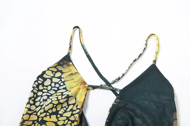 See Through 2Piece Set Women Sexy Hipster Leopard Print Swing Collar Sexy Camisole+Irregular Hem Skirts Matching Suit