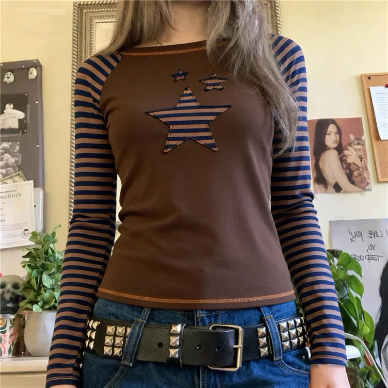 Vintage Star Raglan Crop Top Ladies Boat Neck Striped Long Sleeve Slim Ribbed Tee Y2K Grunge Street Fashion Short Top