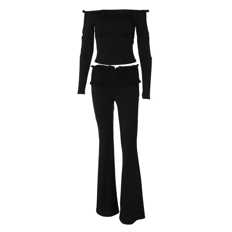 2 Piece Sets Women Outfit Twisted Hollow Off Shoulder Long Sleeve Top and Low Rise Pants Y2k Clothes Fall 2024