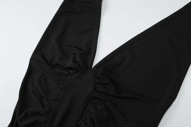 Deep V Neck Backless Ruched Long Dress Elegant Black Bodycon Dresses Sexy Party Night Club Outfits for Women