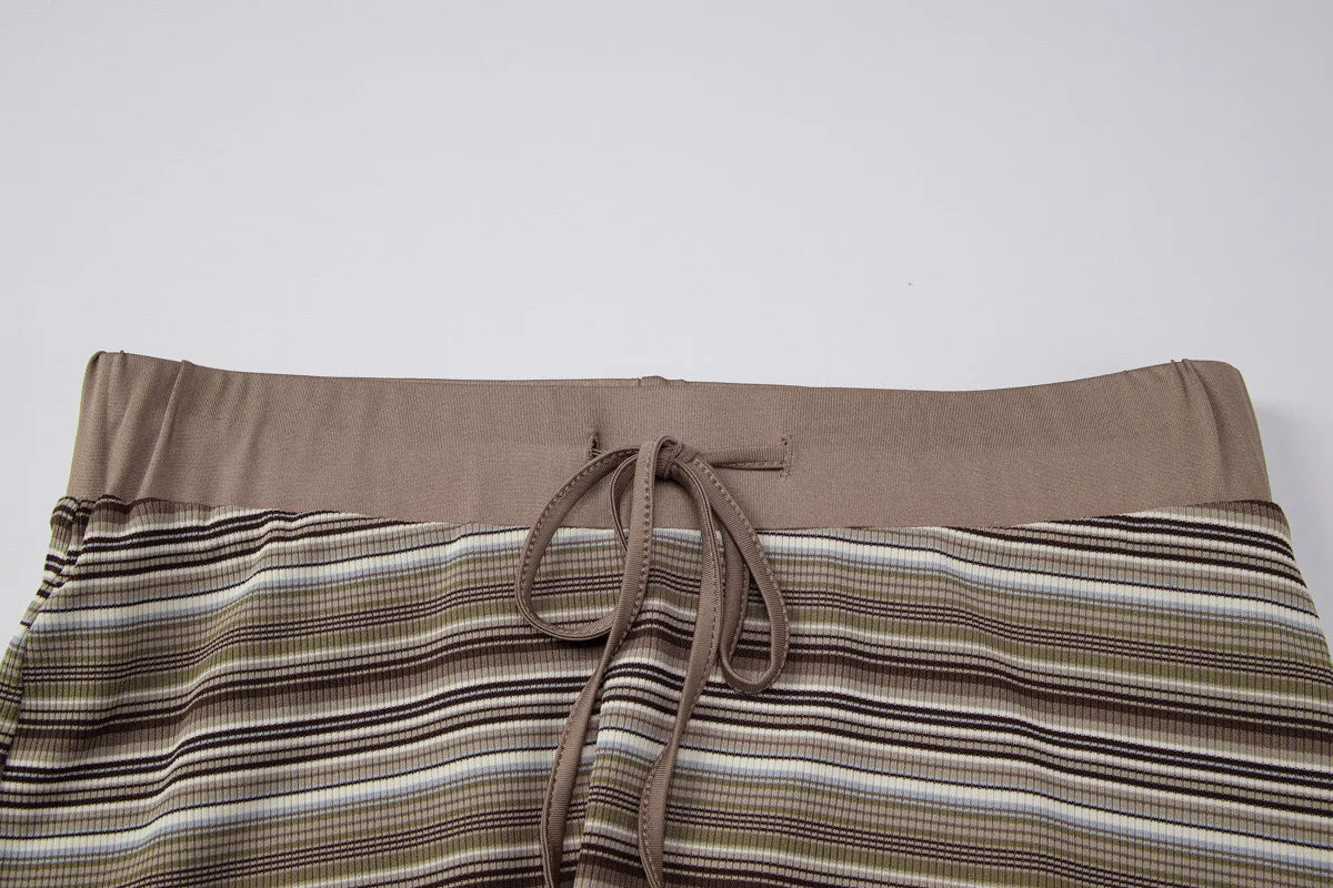 Summer Clothes for Woman 2 Piece Set Brown Striped Short Sleeve Crop Top and Mini Skirt Matching Outfits