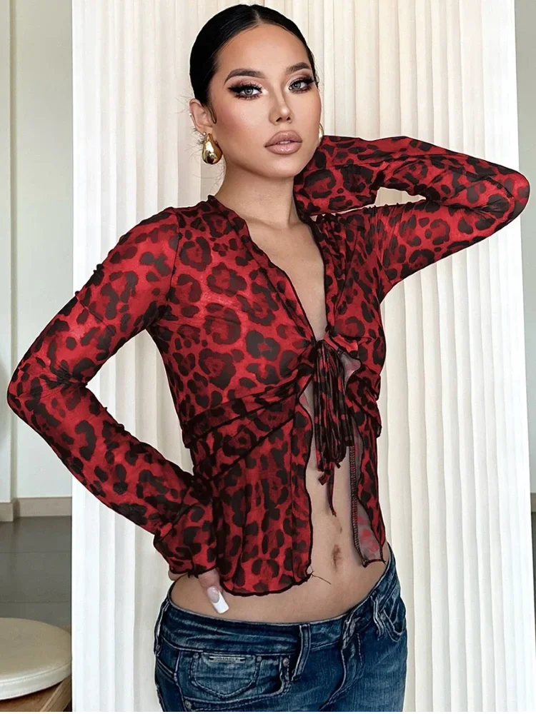 Transparent Leopard Print Chiffon Shirts & Blouses Sexy Tie Front V-neck Flare Sleeve Ruffle Tops for Women