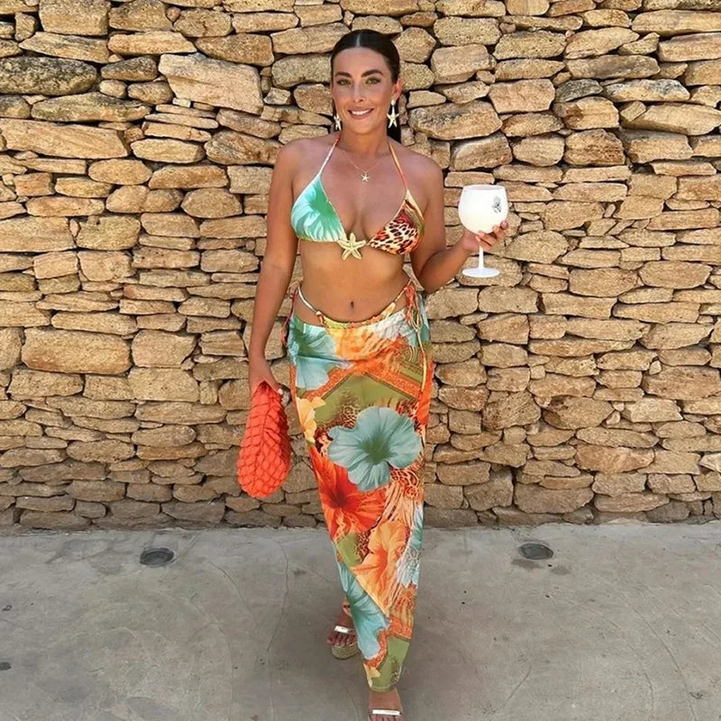 Floral Print Sexy 3 Piece Mini Micro Bikinis Set Beach Wear Summer Outfit Woman 2025 Vacation Skirt Sets