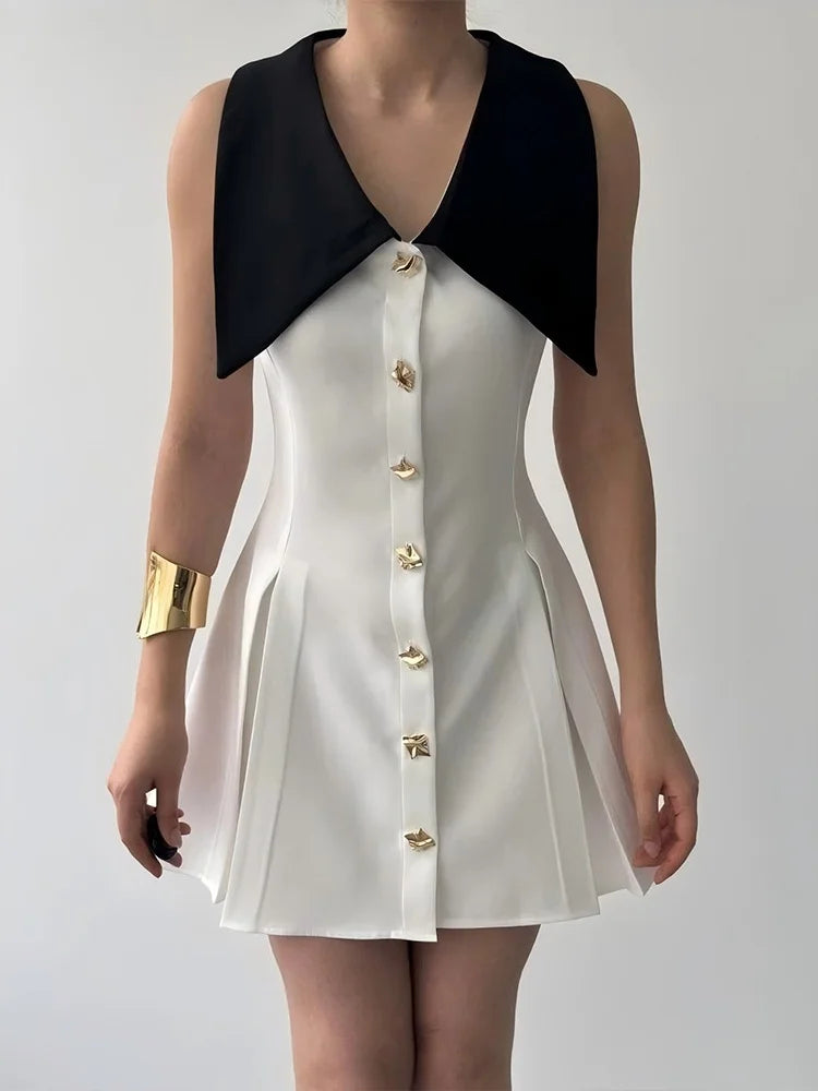 Turn-down Collar Button Up Sleeveless Pleated Mini Dress White Elegant Dresses Woman 2025