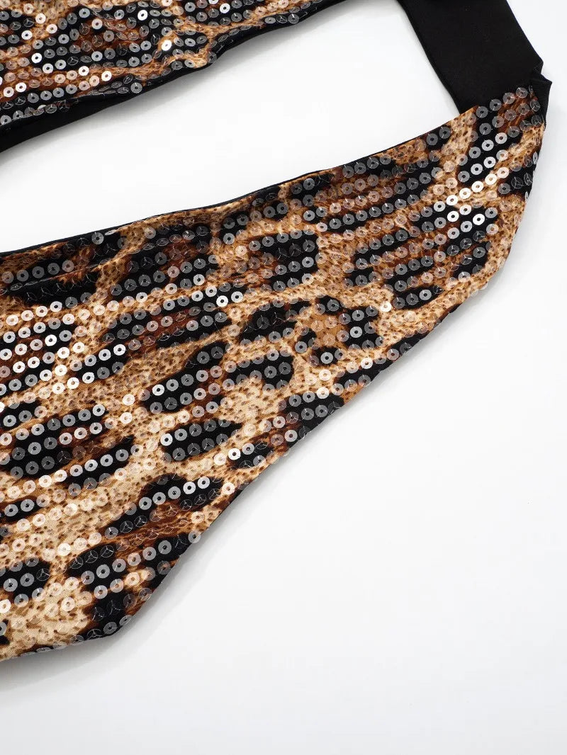 Leopard Print Sequin Dress Sexy Halter Deep V Backless Mini Dresses Summer Woman 2025 Night Club Outfits