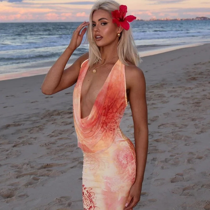 Sexy Printed Halter Backless Split Long Dresses Vacation Outfits for Womens Summer Beach Dress