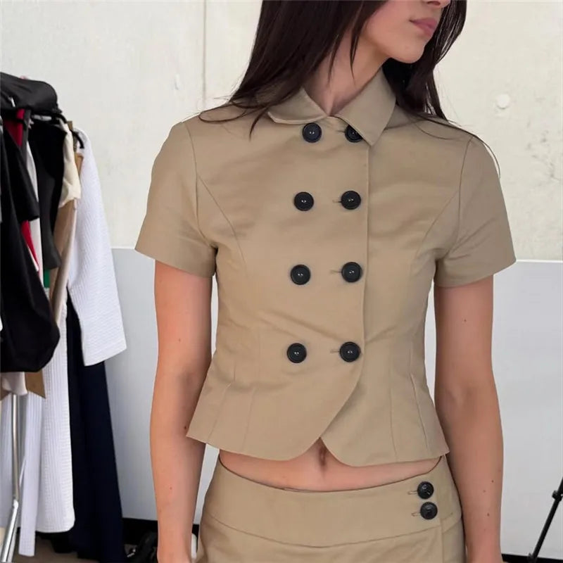 Short Sleeve Lapel Collar Asymmetrical Hem Slim Fit Blouse Women Double Breasted Crop Top Y2K Casual Office Work Shirt