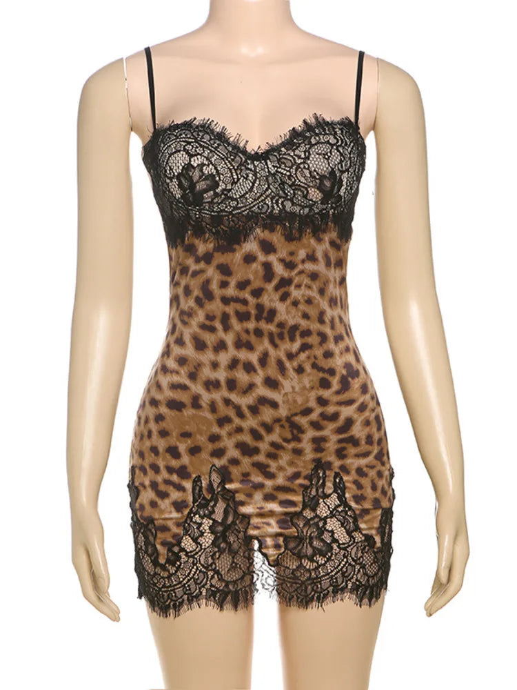 Lace Leopard Print Sexy Mini Dress For Women Fashion Patchwork Sleeveless Backless Beach Club Party Dresses Female