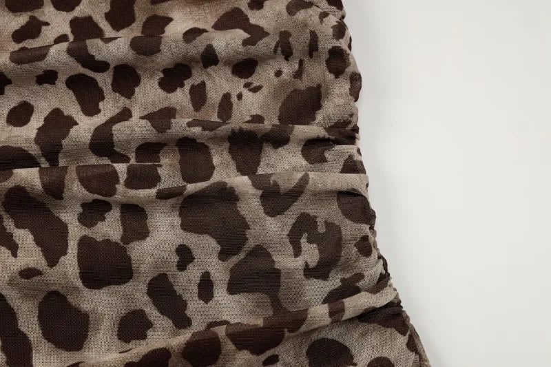 Leopard Print Mesh Sheer Sexy One Shoulder Top Long Sleeve Shirts & Blouses Woman Fall