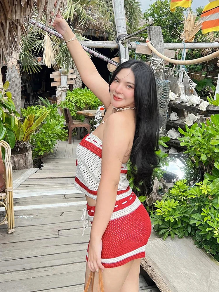 Crochet 2 Piece Set Women Hollow Beach Vacation Shirring Strapless Tops+Contrast Shorts Matching Tight Stretch Suits