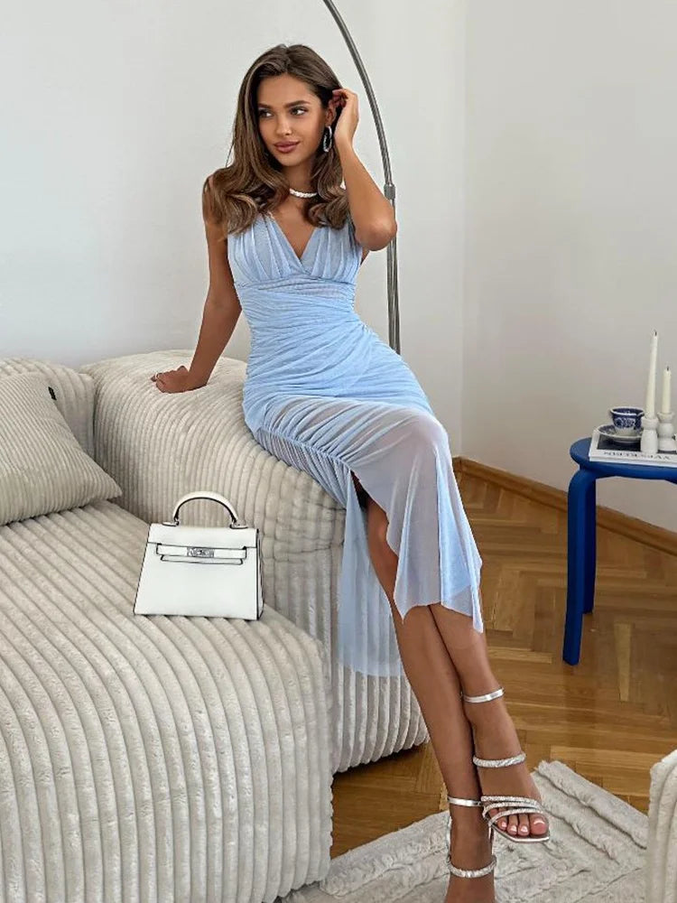 Spaghetti Strap Deep V Backless Split Long Dresses for Women See Through Ruched Mesh Dress Sexy Party Outfits