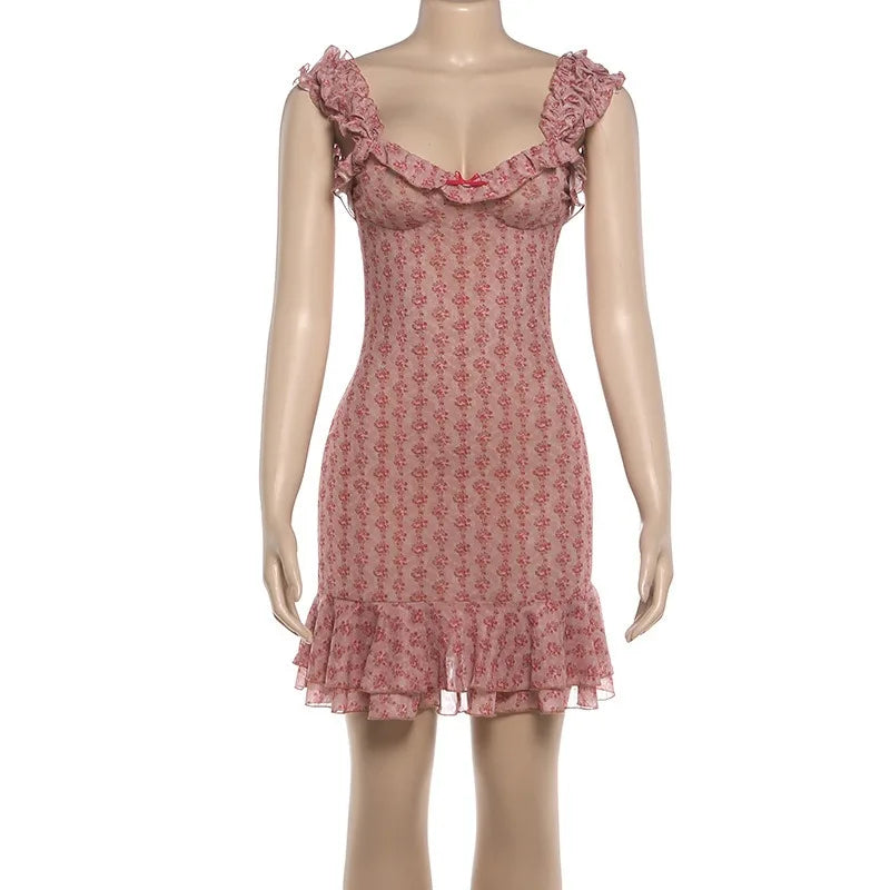 Sheer Floral Mesh Summer Dresses 2026 Woman French Vintage Fashion Sleeveless Ruffle Mini Dress C83