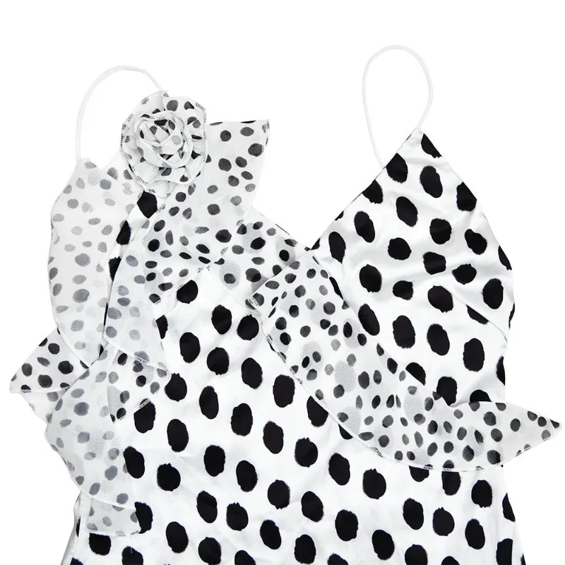 Polka-dot Vacation Beach Dresses Woman Summer Elegant Sexy 3d Floral-applique Ruffle Backless Maxi Dress