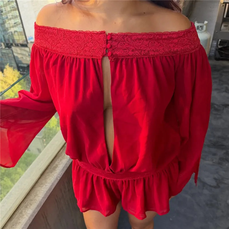 Women's Off Shoulder Chiffon Romper Long Sleeve Keyhole Lace Trim Ruffle Hem Jumpsuit Casual Summer Playsuit Streetwear