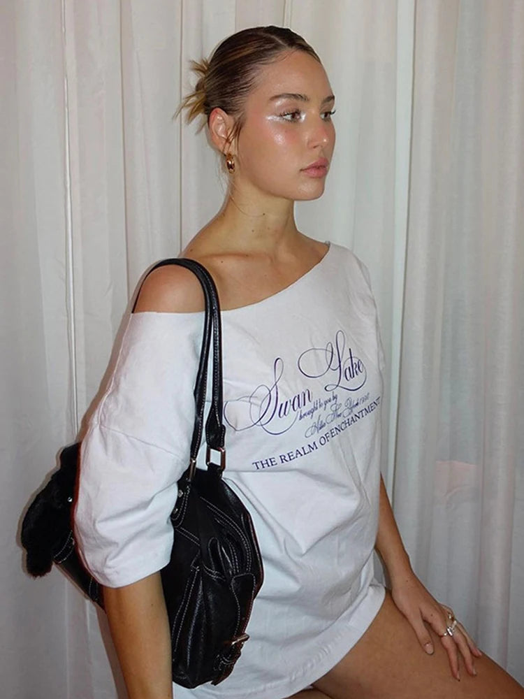 Slanted Dhoulders Woman T-shirt Letter Print Basic Casual Relax Soft Street Basic Classic Fashionable Slim Chic Tees