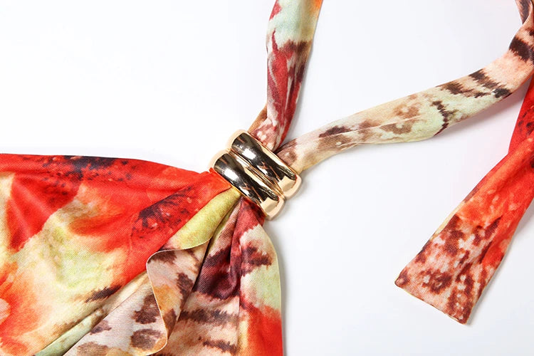 Hollow Tierred Dress Women Cross Halter Colorful Print Irregular Tassel Metal Rings Backless Summer Vacation Bodycon