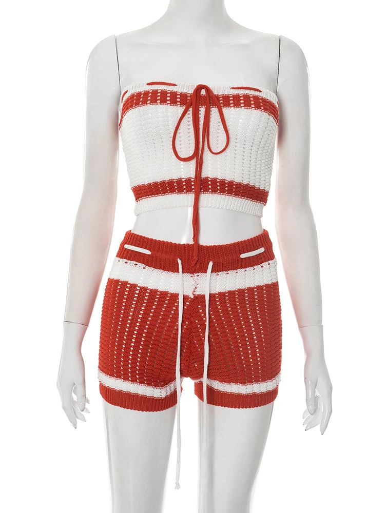 Crochet 2 Piece Set Women Hollow Beach Vacation Shirring Strapless Tops+Contrast Shorts Matching Tight Stretch Suits