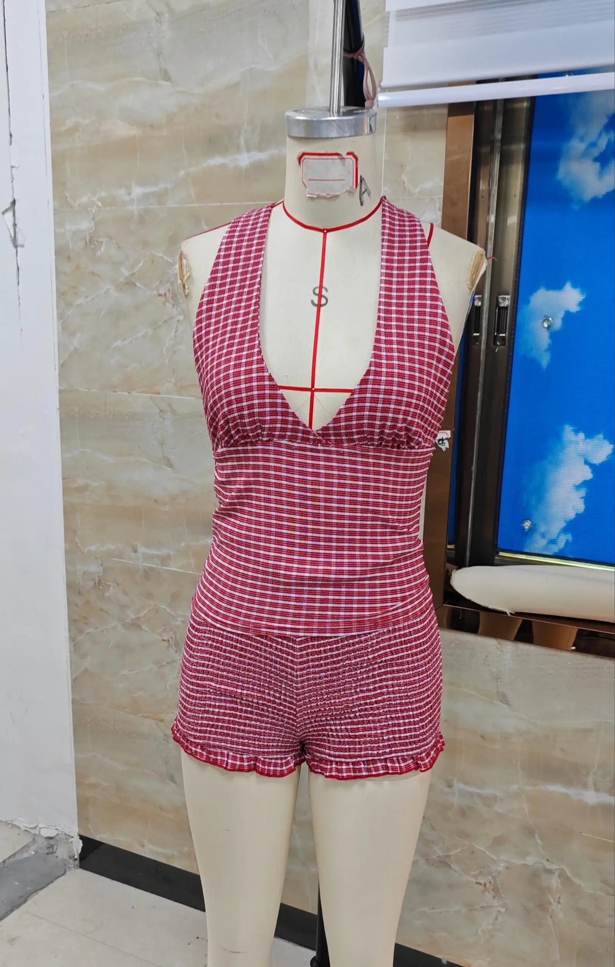 Women's Summer Y2K Gingham Halter Top Two Piece Outfit Backless V Neck Crop Top and Ruffle Hem Smocked Shorts Set