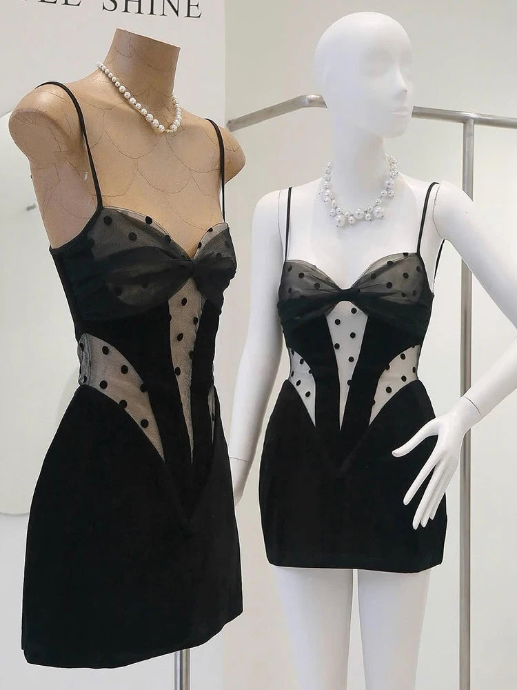 Polka Dot Dress Women Patchwork Mesh Low-Neck See Through Skinny Sexy Midnight Prom Party Fashion Classic Mini Bodycon