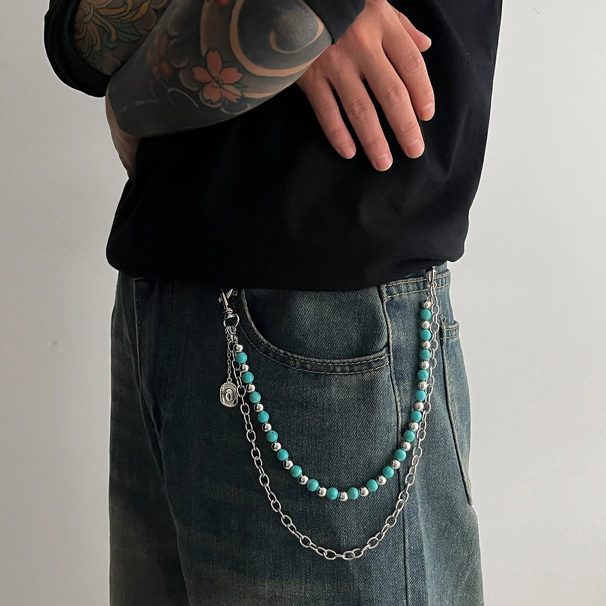 Y2K Trendy Blue Stone Bead Jeans Pants Chain For Men Women Hip Hop Punk Double Layer Keychains Bag Accesories Jewelry