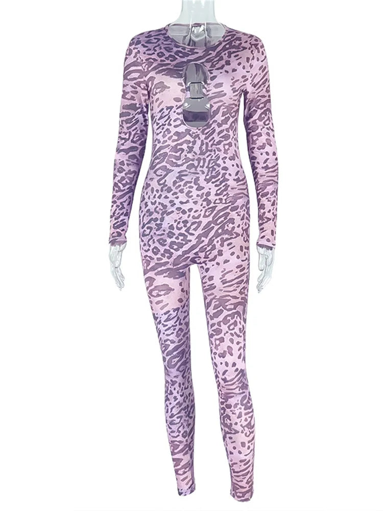 Sexy Hollow Jumpsuit Women Wild Leopard Print Bandage Backless Skinny Peach Hip Midnight Trend Club Party Overalls
