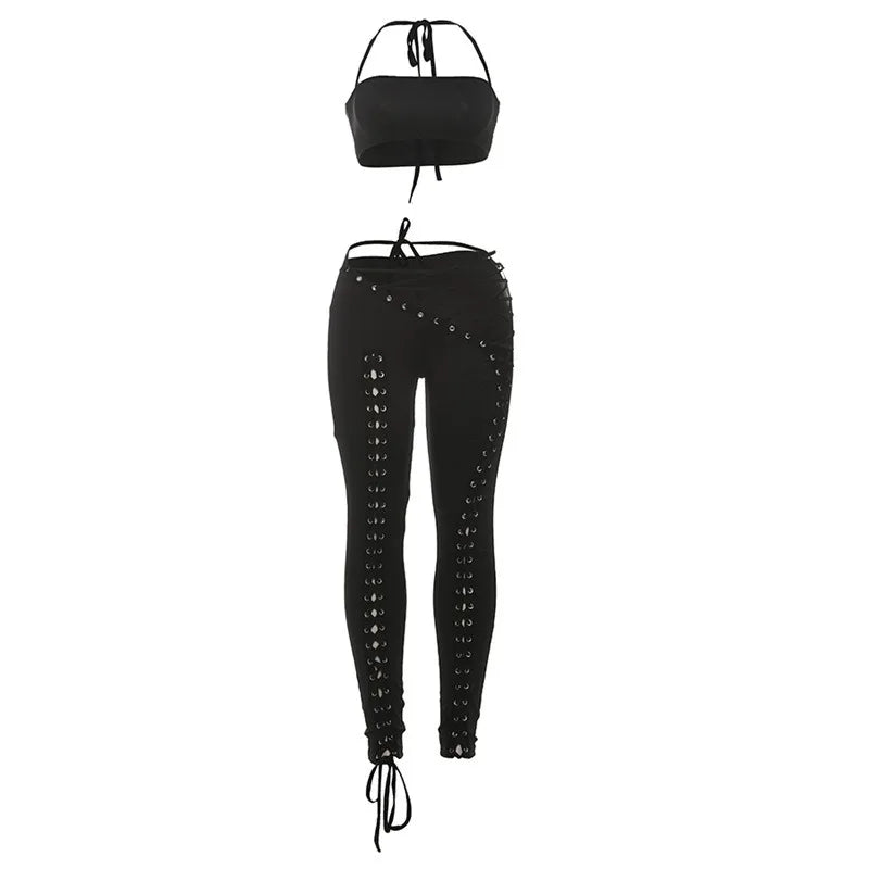 Hollow Bandage 2 Pieces Set for Woman Sexy Clubwear Rave Outfits Festival Halter Top and Leggings Pants Suits