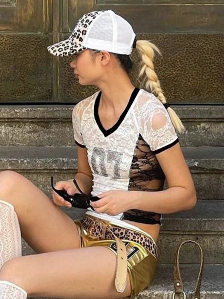 Number Print Crop Top Women Sexy Lace Patchwork Skinny Summer Trend Simple Stretch Wild Midnight clubwear T-Shirts