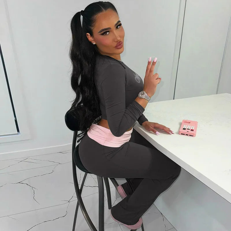 Casual Two Piece Set Women Outfits Rhinestone Long Sleeve Top Flare Pants Suit Pajama Fall Clothes Women 2024