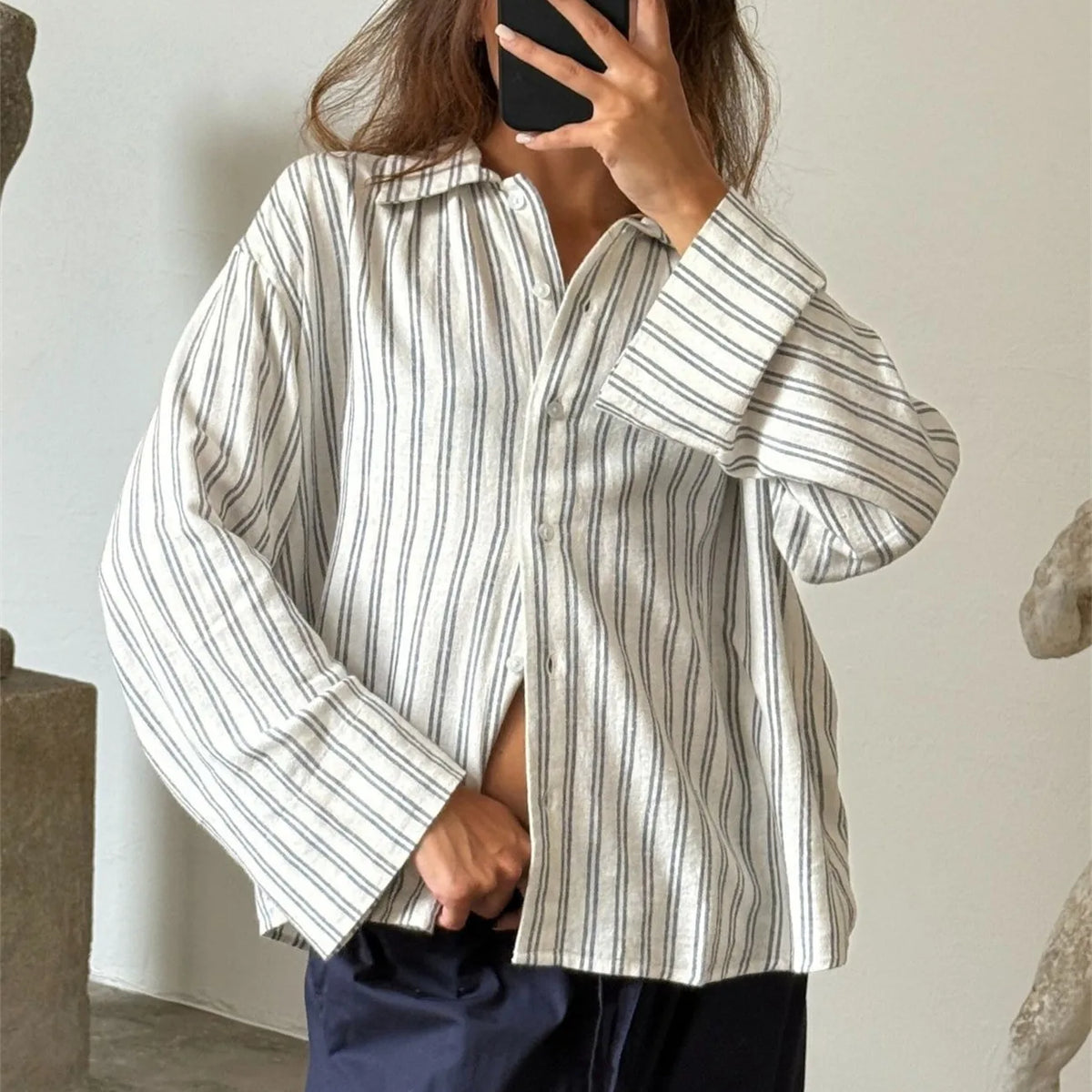 Y2K Vintage Long Sleeve Blouse Stripes Collared Shirts Striped Button Down Shirt Women Oversized Trendy Fall Y2K Clothes