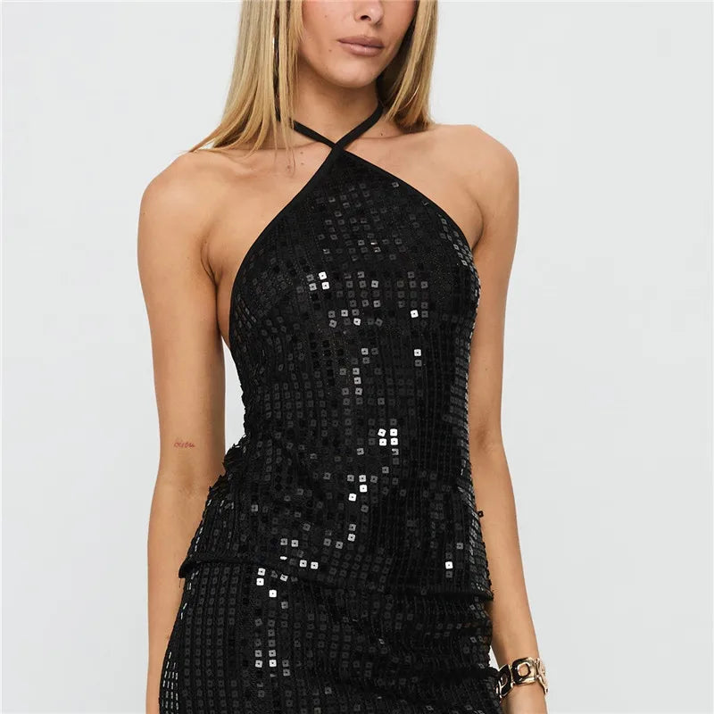 Sexy Sequin Halter Top Women Tie Back Sleeveless Open Back Glitter Crop Top For Clubwear Night Out And Music Festival