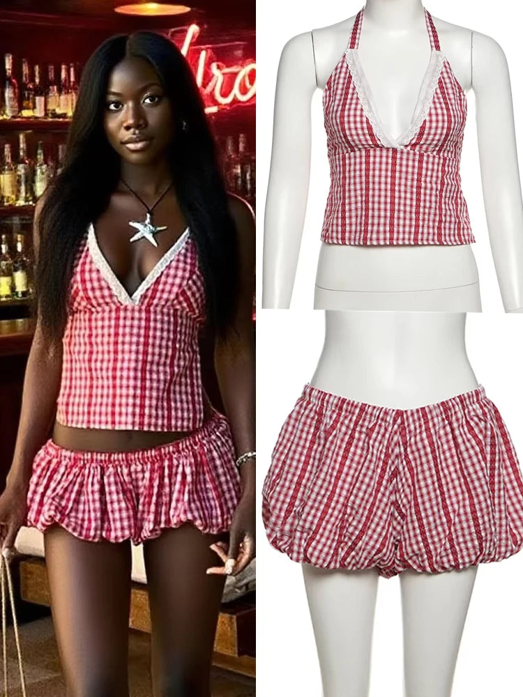 Sexy 2-Piece Set Women Striped Print Bandage Halter Patchwork Lace Backless Tank Tops+Puffy Shorts Matching Clubwear
