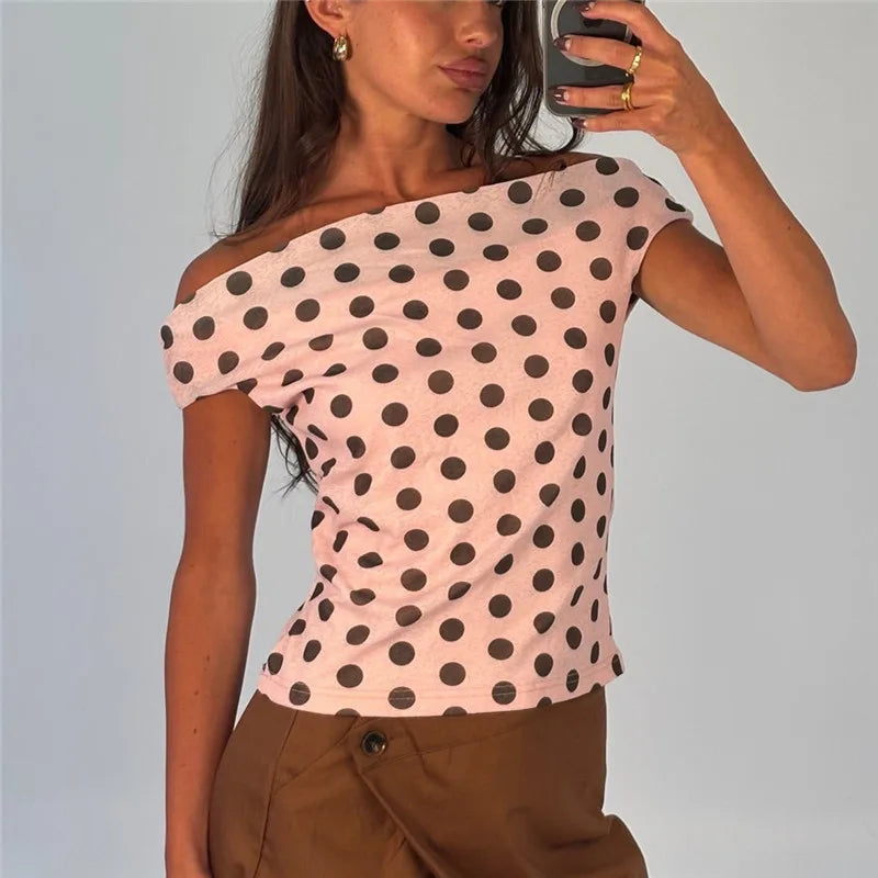 Women Pink Polka Dot Off Shoulder Top Short Sleeve Slim Fit Y2K Style T-Shirt Casual Summer Fitted Blouse Streetwear
