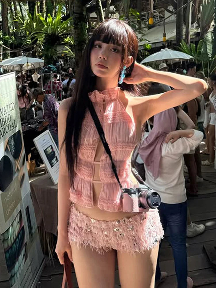 Sweet 2-Piece Set Women Backless Edible Tree Fungus Lace-Up Ruched Hollow Thin Tank Top+Furry Sequins Shorts Clubwear