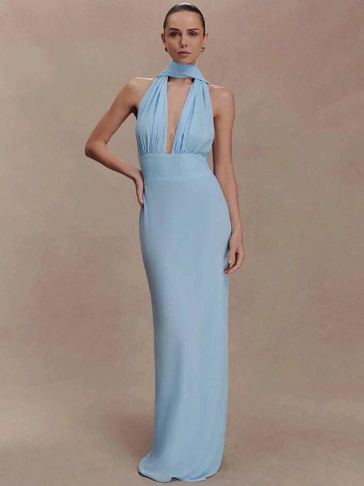 Polka Dot Backless Sexy Maxi Dress Women Elegant Halter Deep V Neck Sleeveless Bodycon Split Club Party Long Dress