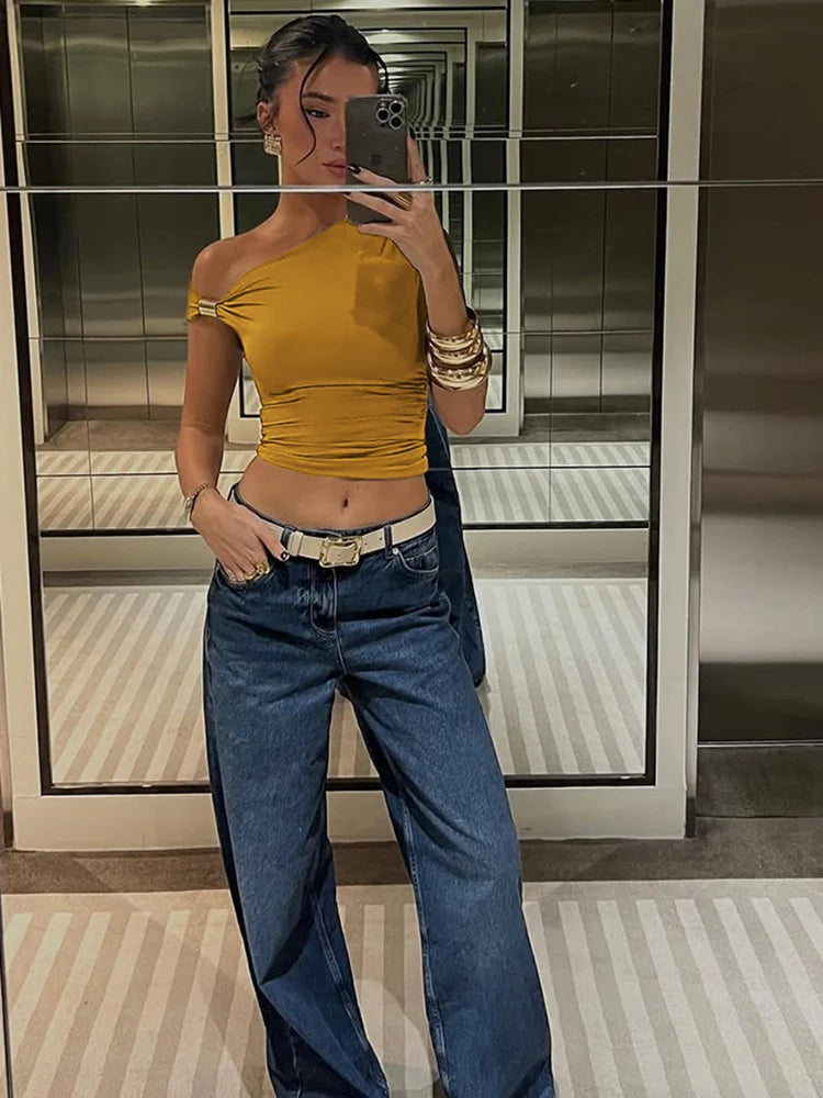 Irregular Off Shoulder T-Shirts Women Ruched Fashion Skew Collar Single Sleeve Daily Casual Solid Simple Streetwear