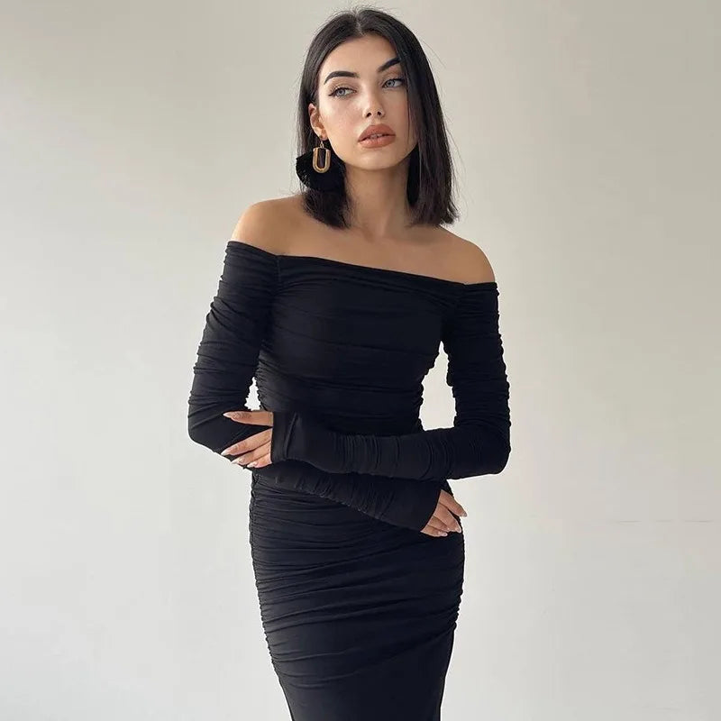 Off The Shoulder Long Sleeve Side Split Dress Elegant Evening Party Dresses Women Sexy Clothes Winter 2024
