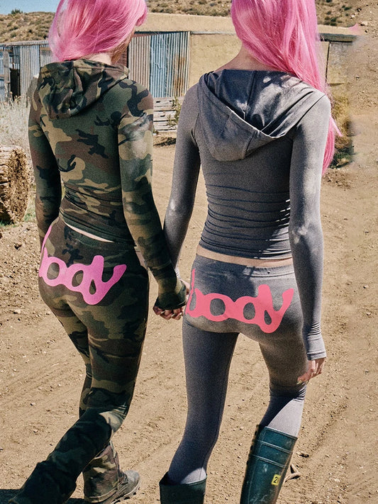 Letter Print 2 Piece Set Women Tracksuit Hooded Jacket+Leggings Matching Stretch Streetwear Casual Sporty Outfits