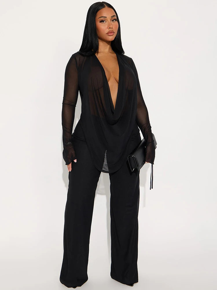 See Through Women 2 Piece Set Sexy Coquette Full Sleeve Swing Collar Tees+Straight Pants Simple Matching Clubwear