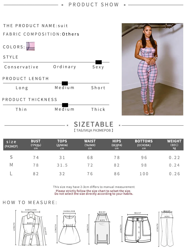 Plaid Patchwork 2 Piece Set Woman Summer Trend Halter Backless Sleeveless Crop Tops+Skinny Long Pants Fashion Suits