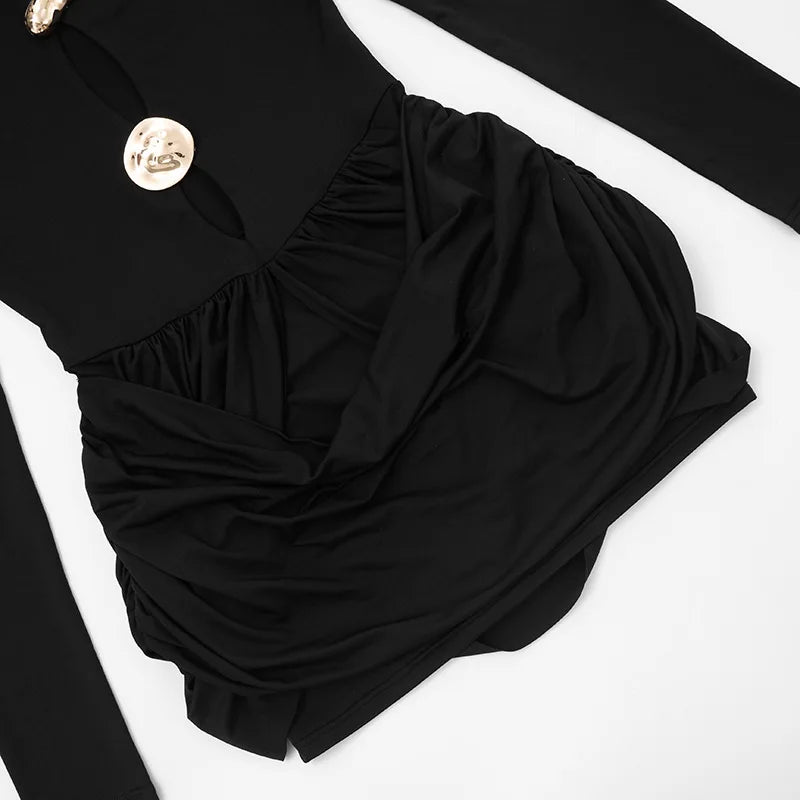 Sexy Hollow Out Long Sleeve Pleated Mini Dresses White Black Elegant Luxury Party Birthday Dress Women