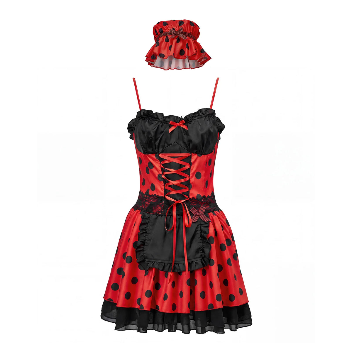 Women German Bavarian Dirndl Costume Polka Dot Beer Maid Mini Dress Ruffled Apron Hat Set German Carnival Party Outfit