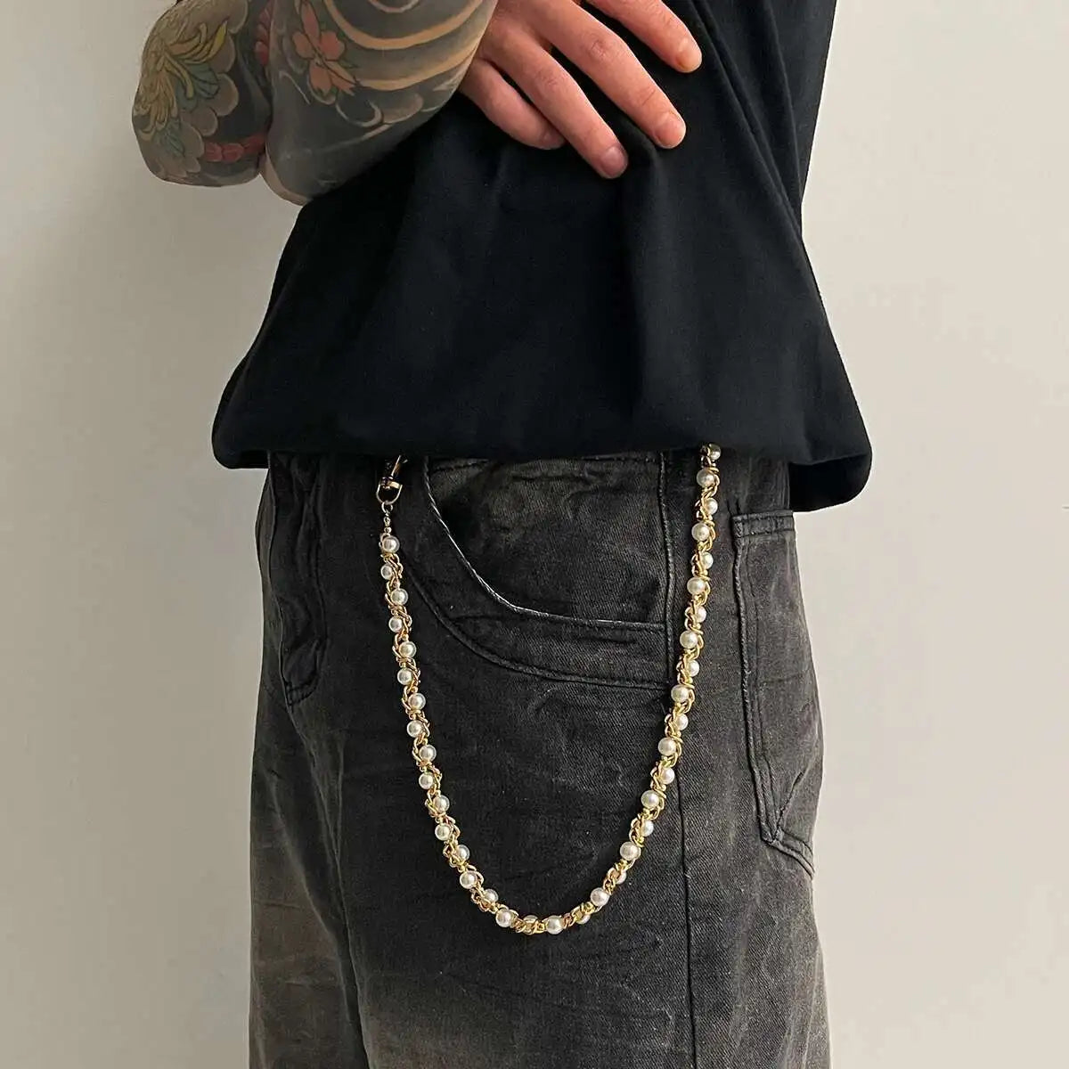 Punk Imitation Pearl Trousers Hipster Pant Jean Keychain Ring Clip for Men Tassel Bag Handbag Chain Women Jewelry Gift