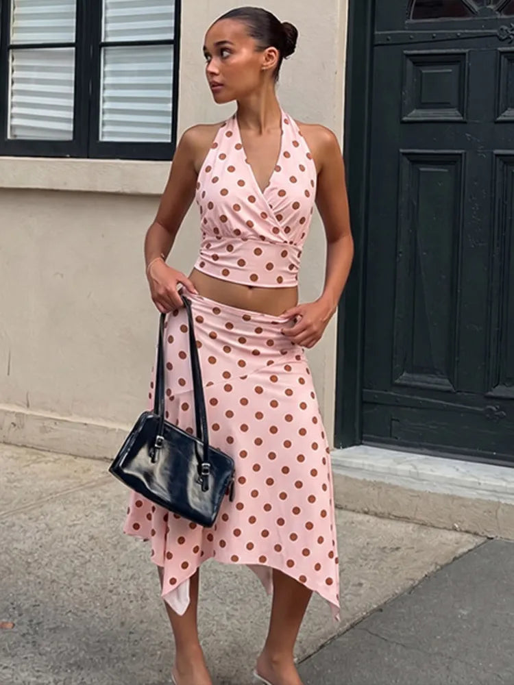 Polka Dot Sexy Two Piece Set Women Halter V Neck Crop Top And Midi Skirt Matching Sets Female Bodycon Club Dress Set