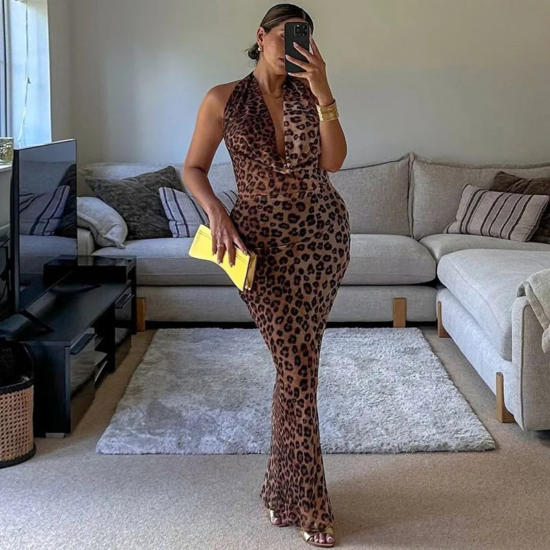 Leopard Print Halter Backless Long Dresses Beach Vacation Outfits Birthday Dress Women Sexy Party Wear